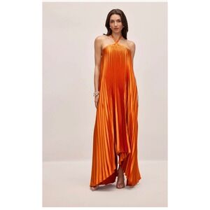 Sunfere Novia Halter Neck Pleated Maxi Dress NWT Size Small Orange